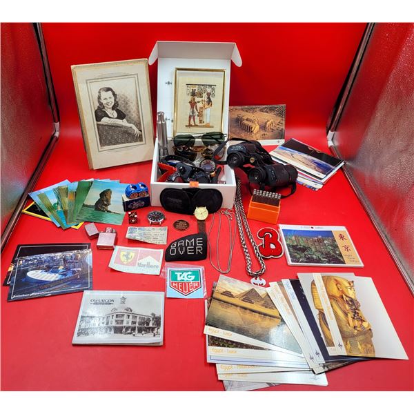 Collectibles Lot w/ Eaton Binoculars, Wittnauer Watch, Postcards, & More