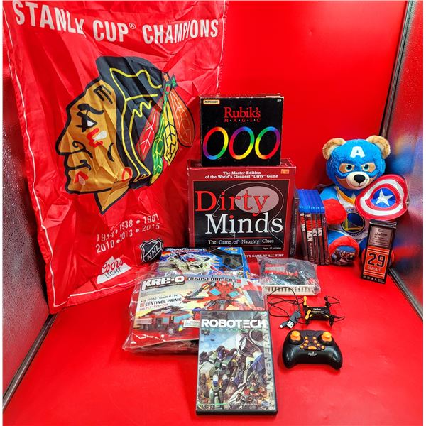 Toy & Hobby Lot w/ Transformers Toys, Dirty Minds Game, NHL Wall Hanging, Build-A-Bear, & More
