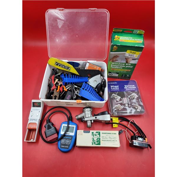 Tool & Hardware Lot w/ Sharpening Stone, Wheel Locks, Battery Tester, Window Insulation Kit, & More