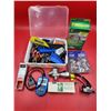 Image 1 : Tool & Hardware Lot w/ Sharpening Stone, Wheel Locks, Battery Tester, Window Insulation Kit, & More