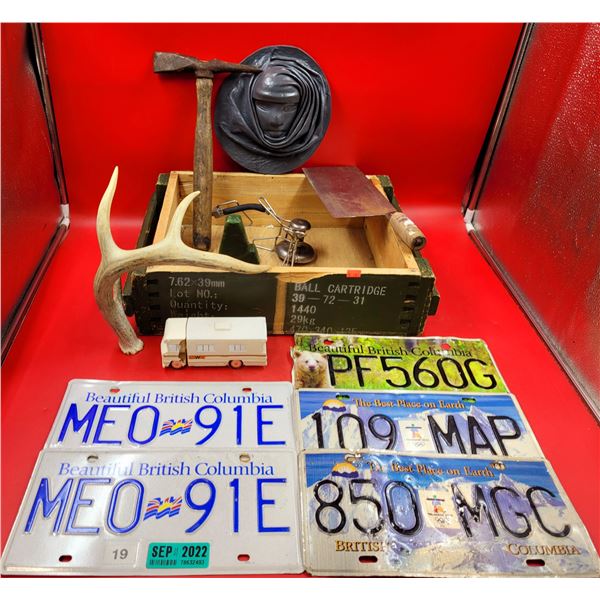 Collectibles Lot w/ BC License Plates, Antler, Cleaver, Avon Aftershave, & More