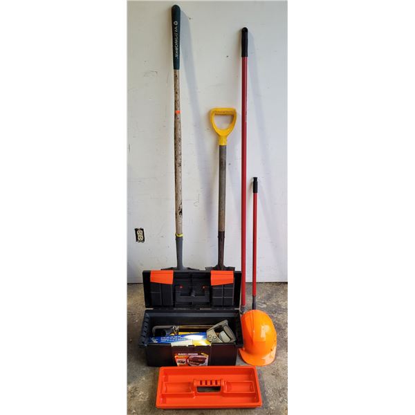 Tool Lot w/ Hard Hat, Black & Decker Toolbox, Shovels, & More