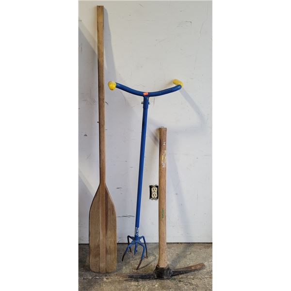 Wooden Paddle, Pickaxe, & Garden Claw Cultivator