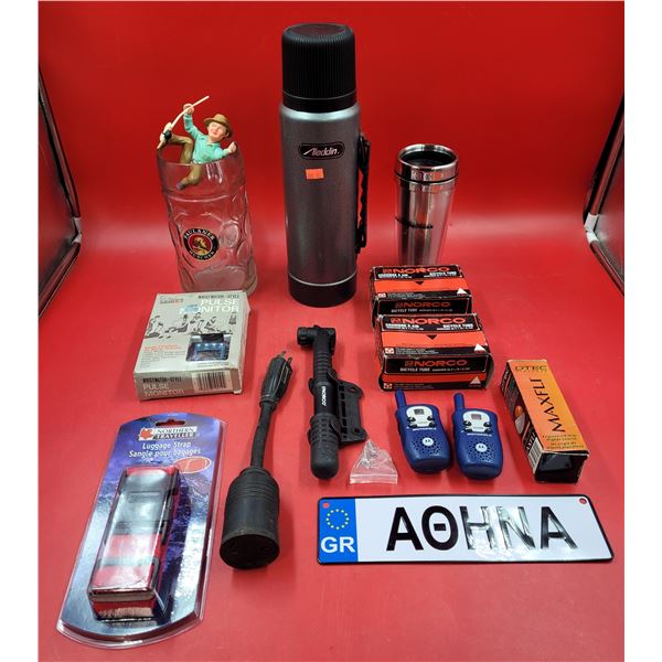 Miscellaneous Lot w/ Aladdin Thermos, Norco Bicycle Tubes, Motorola Walkie Talkies, & More