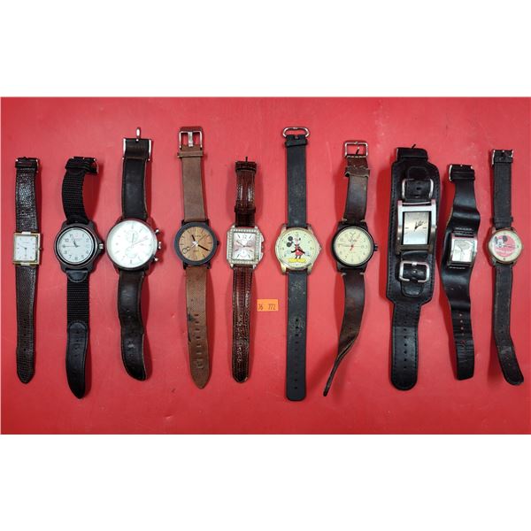 Lot of Assorted Leather Strap Watches w/ Mickey Mouse, Fossil, Roots, & More