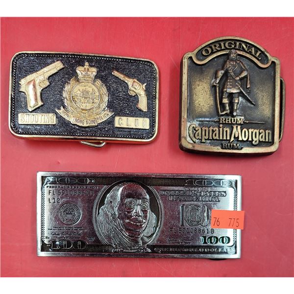 3 Metal Belt Buckles w/ Royal Hong Kong Police, $100 US Bill, & Captain Morgan