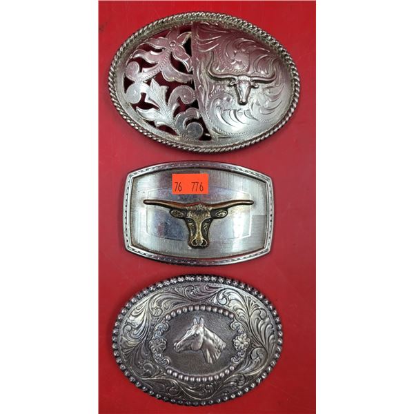3 Metal Belt Buckles w/ 2 Longhorn Steer & Horse