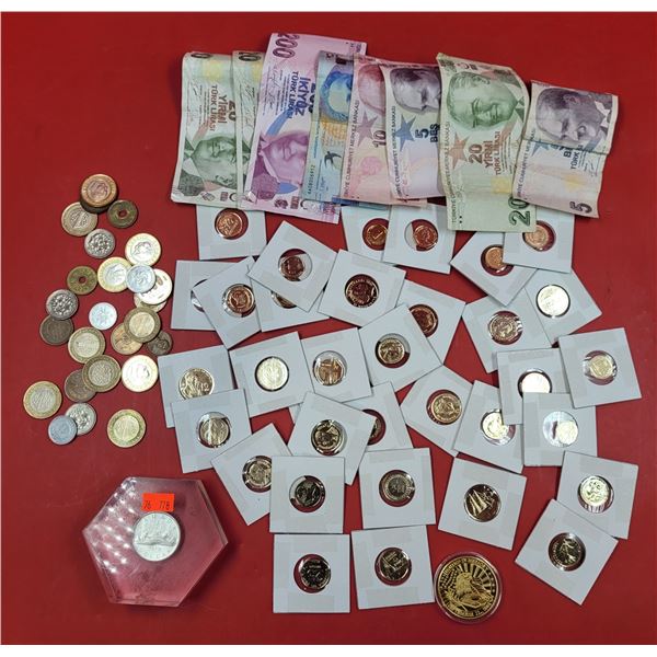 Lot of Assorted World Currency w/ Paper Money, Coins, & 9/11 Commemorative Medallion