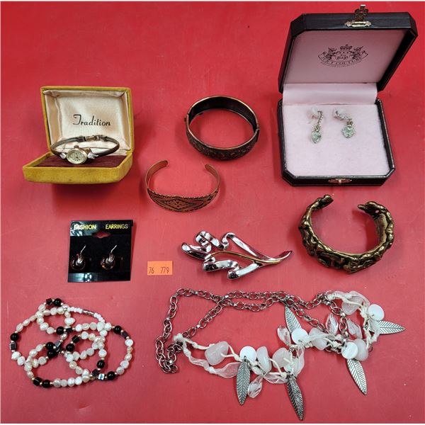 Lot of Assorted Costume Jewelry w/ Juicy Couture Earrings, Brutalist Bracelet, & More