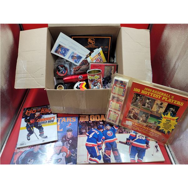 Sports Collectible Lot w/ 1990 Baseball Card & Book Set, Pucks, Cards, & More