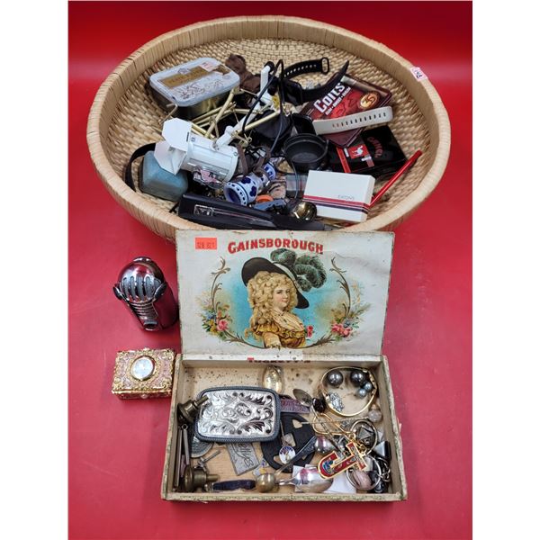 Collectibles Lot w/ Metal Belt Buckle, Collector's Spoons, Cigarette Tins, & More
