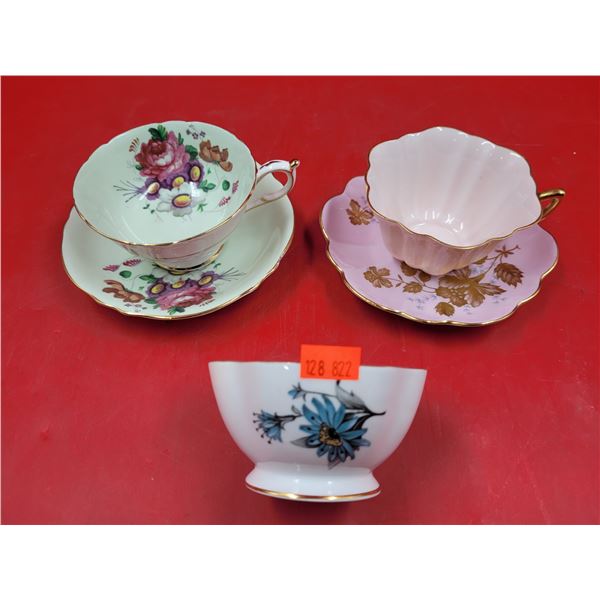 3 Bone China Teacups & 2 Saucers (Paragon, Shelley, & Windsor)