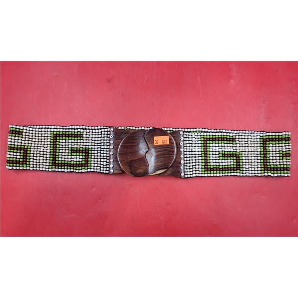 VTG White Beaded Belt w/ Teak Wood Buckle