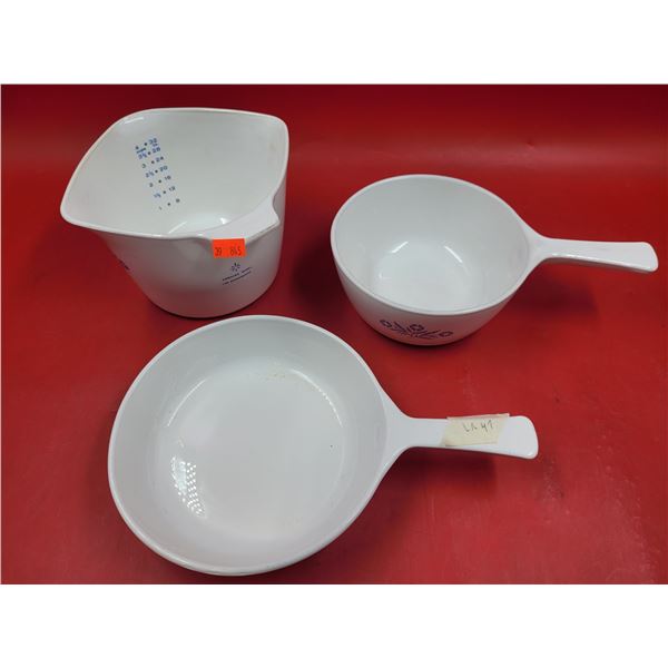 Blue Cornflower Corning Ware Measuring Bowl & 2 Saucepans
