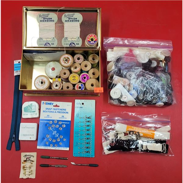 Lot of VTG Sewing Supplies w/ Buttons, Fasteners, Bobbins, Nylon Mending Thread, & More