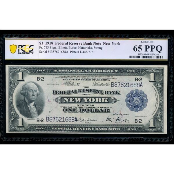 1918 $1 New York FRBN PCGS 65PPQ