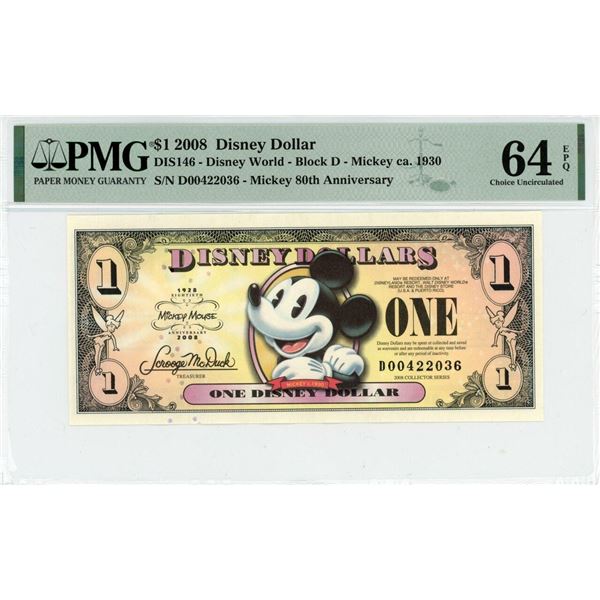 2008 $1 Mickey Disney Dollar PMG 64EPQ