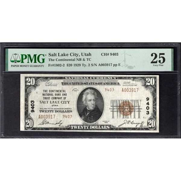 1929 $20 Salt Lake City UT National PMG 25