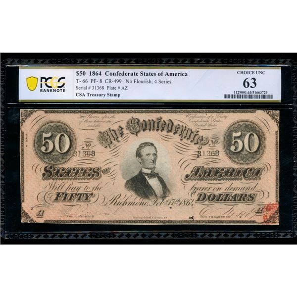 1864 $50 T-66 Confederate PCGS 63
