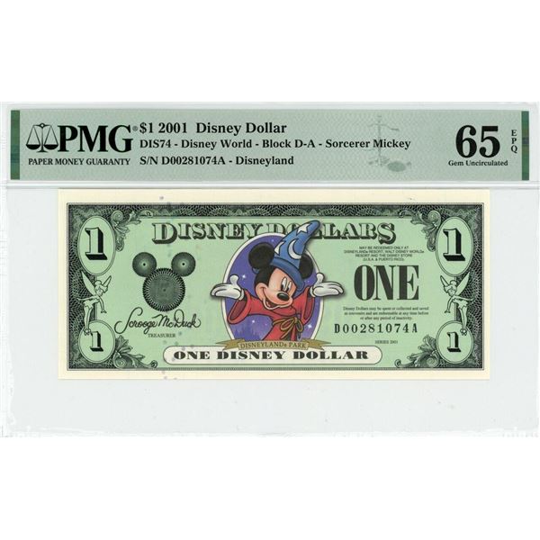 2001 $1 Sorcerer Mickey Disney Dollar PMG 65EPQ