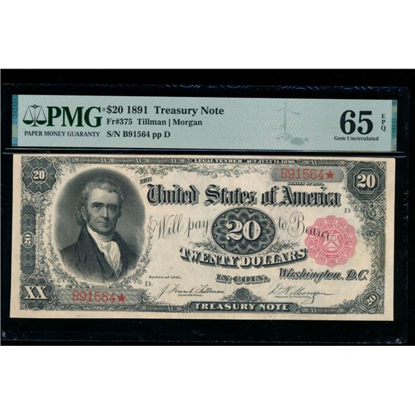 1891 $20 Treasury Note PMG 65EPQ