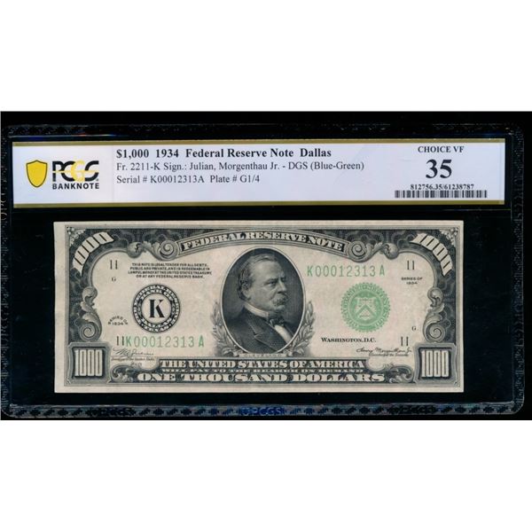 1934 $1000 Dallas FRN PCGS 35