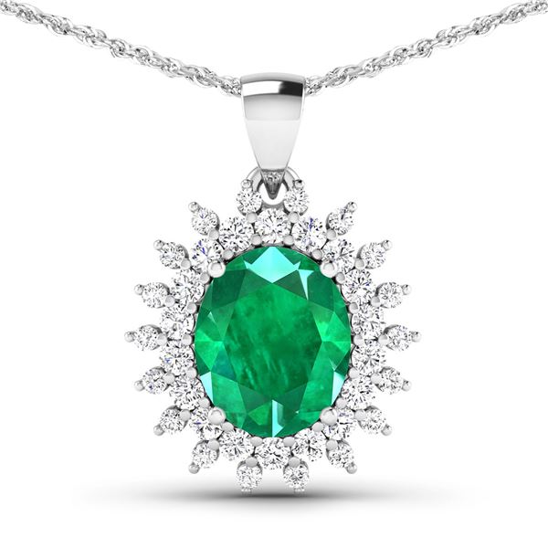 14KT White Gold 3.14ctw Zambian Emerald and Diamond Pendant