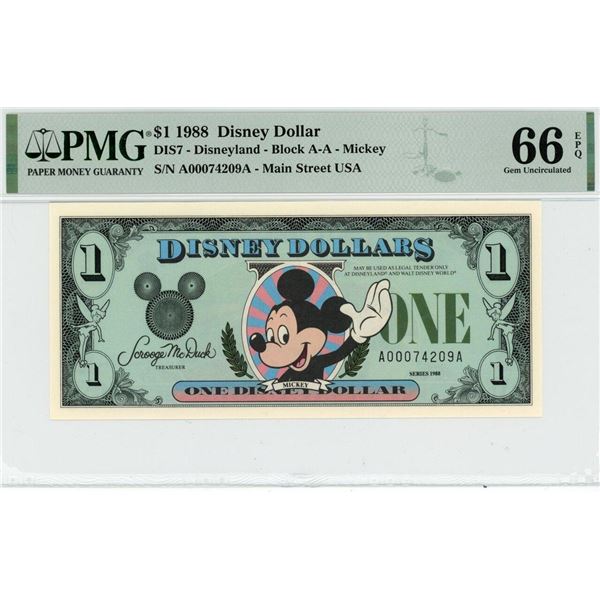 1988 $1 Mickey Disney Dollar PMG 66EPQ