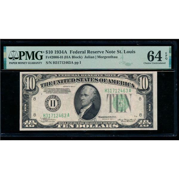 1934A $10 St Louis FRN PMG 64EPQ