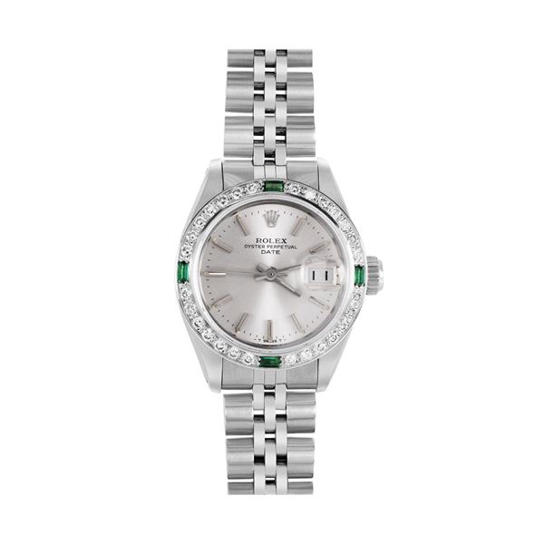 Rolex Ladies Stainless Steel Emerald And Diamond Bezel Date Watch