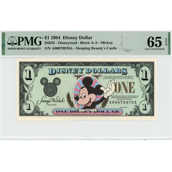 1994 $1 Mickey Disney Dollar PMG 65EPQ