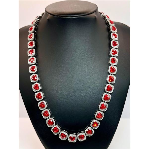 14 Kt White Gold Plated Huge 98.3 Gram Simulated Ruby Diamond Tennis Necklace