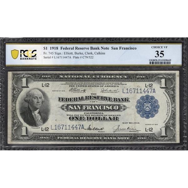 1918 $1 San Francisco FRBN PCGS 35