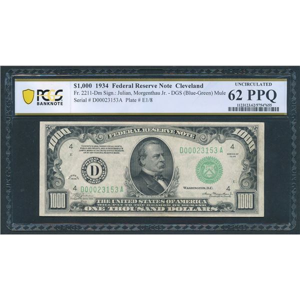 1934 $1000 Cleveland FRN PCGS 62PPQ