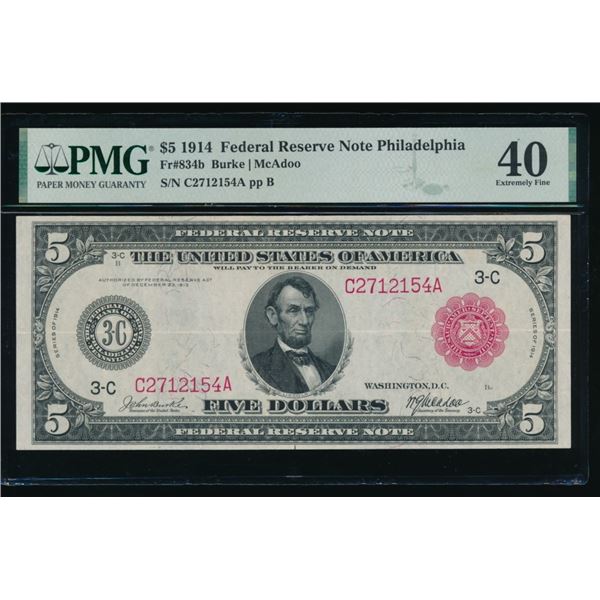 1914 $5 Red Seal Philadelphia FRN PMG 40