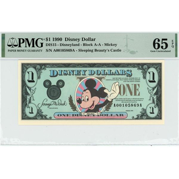 1990 $1 Mickey Disney Dollar PMG 65EPQ