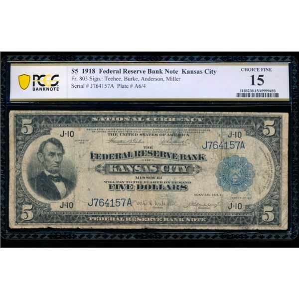 1918 $5 Kansas City FRBN PCGS 15