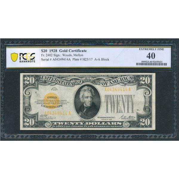 1928 $20 Gold Certificate PCGS 40