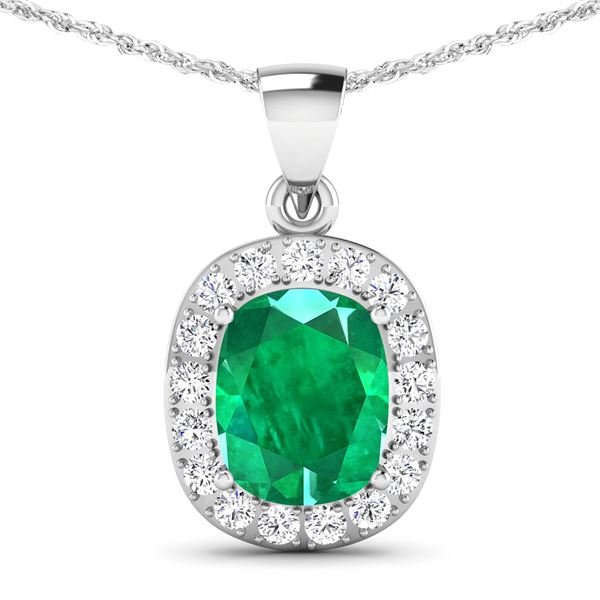 14KT White Gold 2.5ctw Zambian Emerald and Diamond Pendant