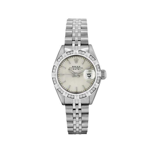 Rolex Ladies Stainless Steel Pyramid Diamond Bezel Date Watch