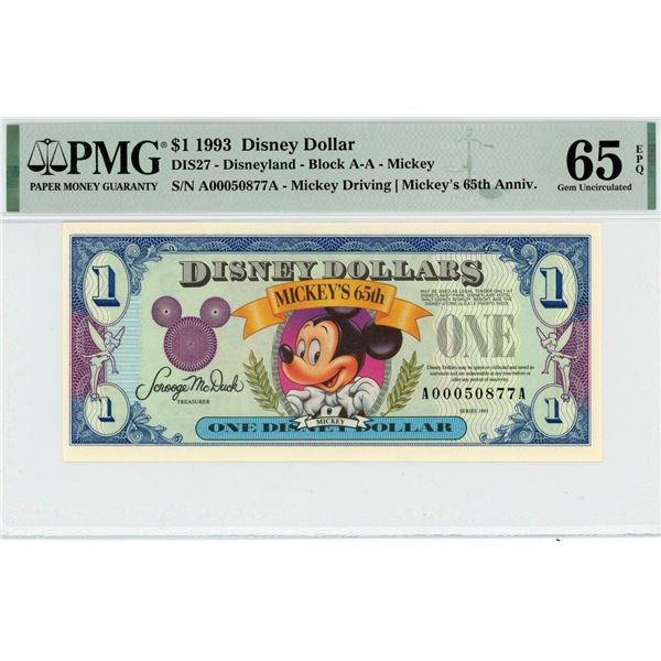 1993 $1 Mickey 65th Anniversary Disney Dollar PMG 65EPQ