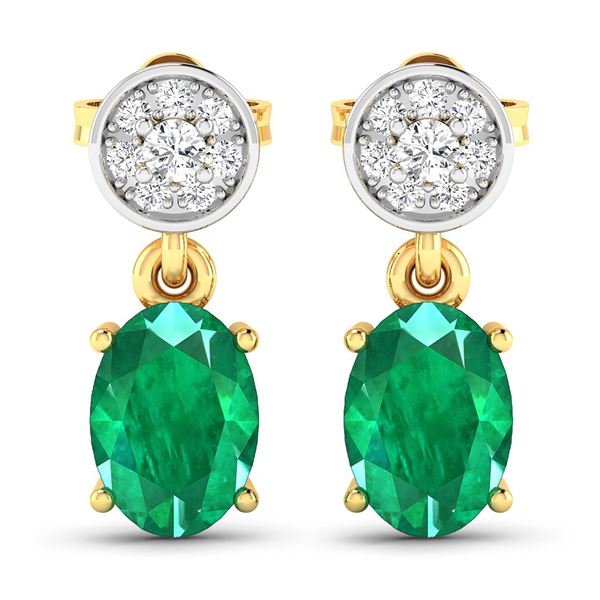 14KT Yellow Gold 1.12ctw Zambian Emerald and Diamond Earrings