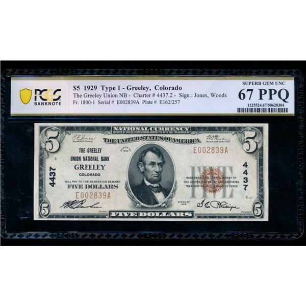 1929 $5 Greenley CO National PCGS 67PPQ