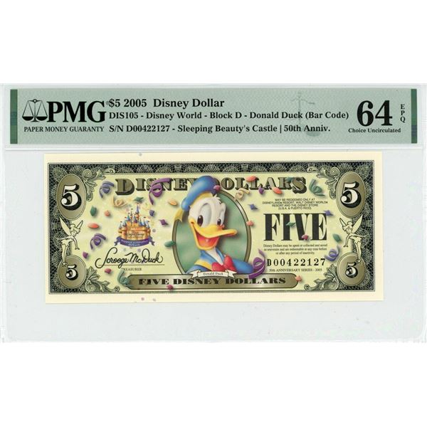 2005 $5 Donald Duck Disney Dollar PMG 64EPQ