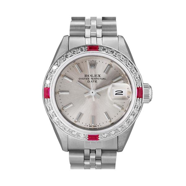Rolex Ladies Stainless Steel Ruby And Diamond Bezel Date Watch