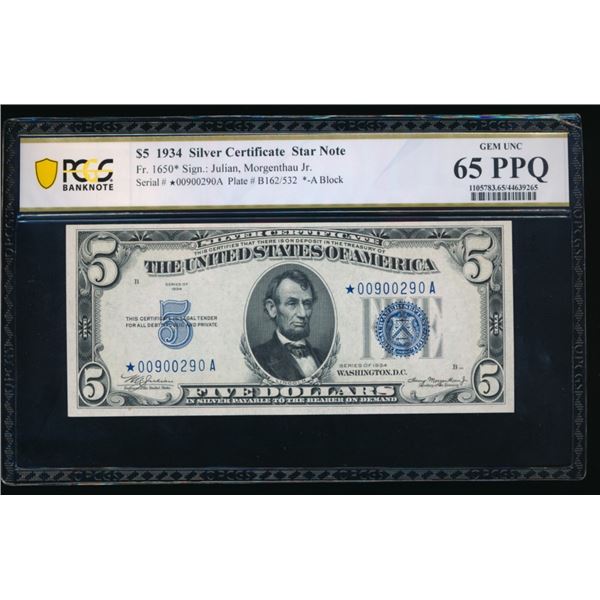 1934 $5 STAR Silver Certificate PCGS 65PPQ