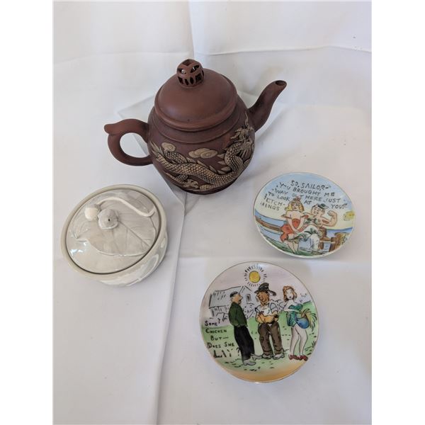 Oriental Tea Pot Frog Trinket and Occupied Japan Pin Dishes