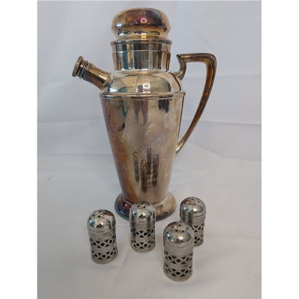 Silver Plate Cocktail Shaker and Apex England Blue Glass Shakers