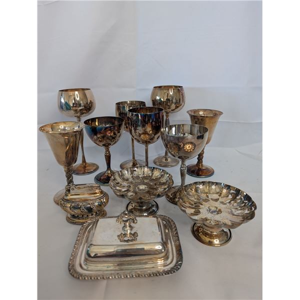 Set of Silver Goblets Snack Plates and Ronson Table Lighter