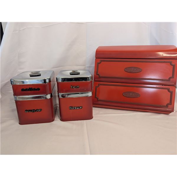 Red Kromex Kitchen Cannister Set and Paper Dispenser